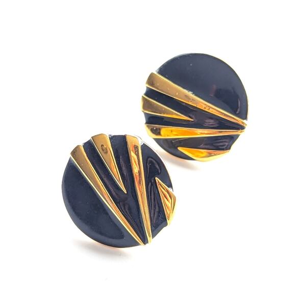 Vintage Signed Napier Chic 80s Gold Tone Black Enameled Clip On Earrings - Picture 1 of 4